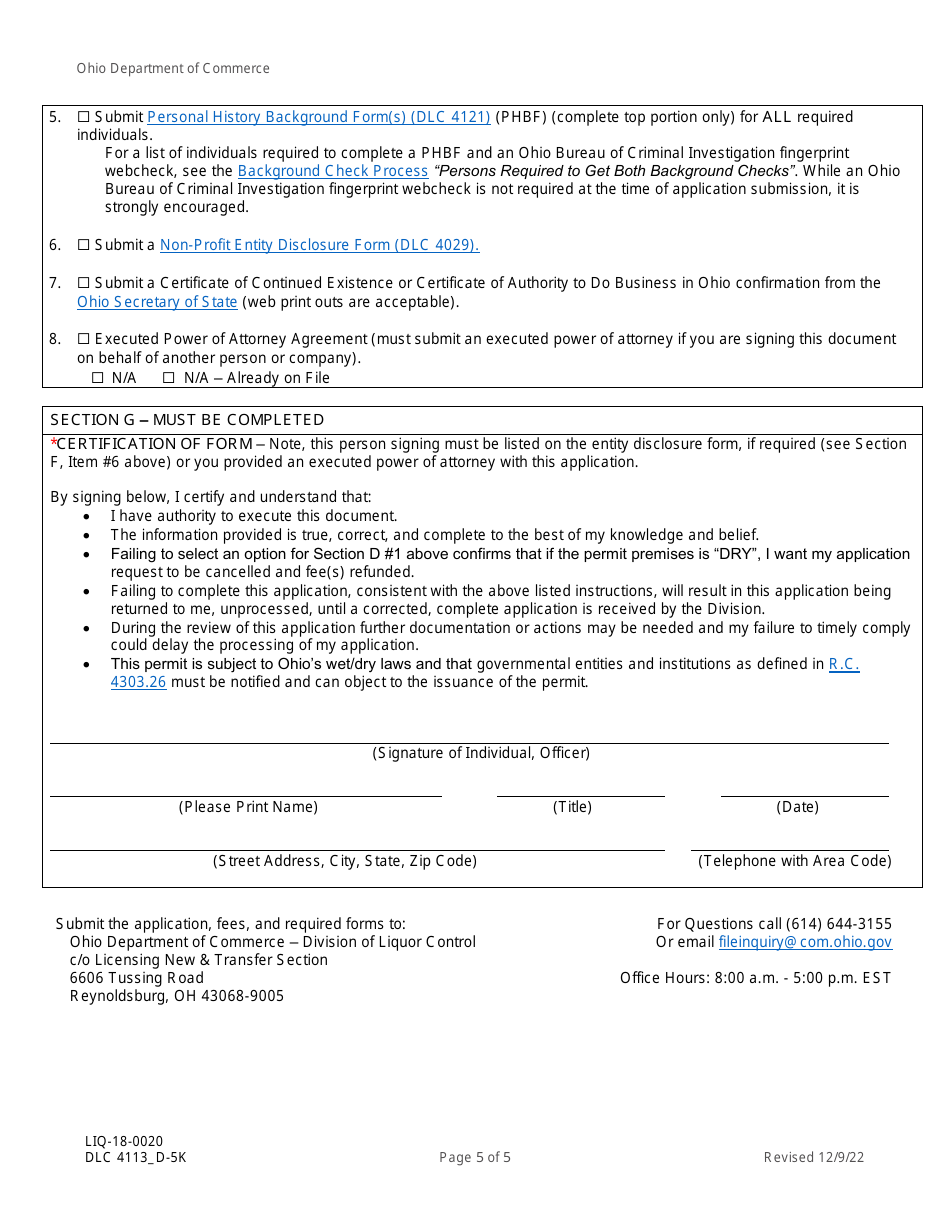 Form DLC4113_D-5K (LIQ-18-0020) Application for New D-5k Alcoholic Beverage Permit at a Botanical Garden - Ohio, Page 5