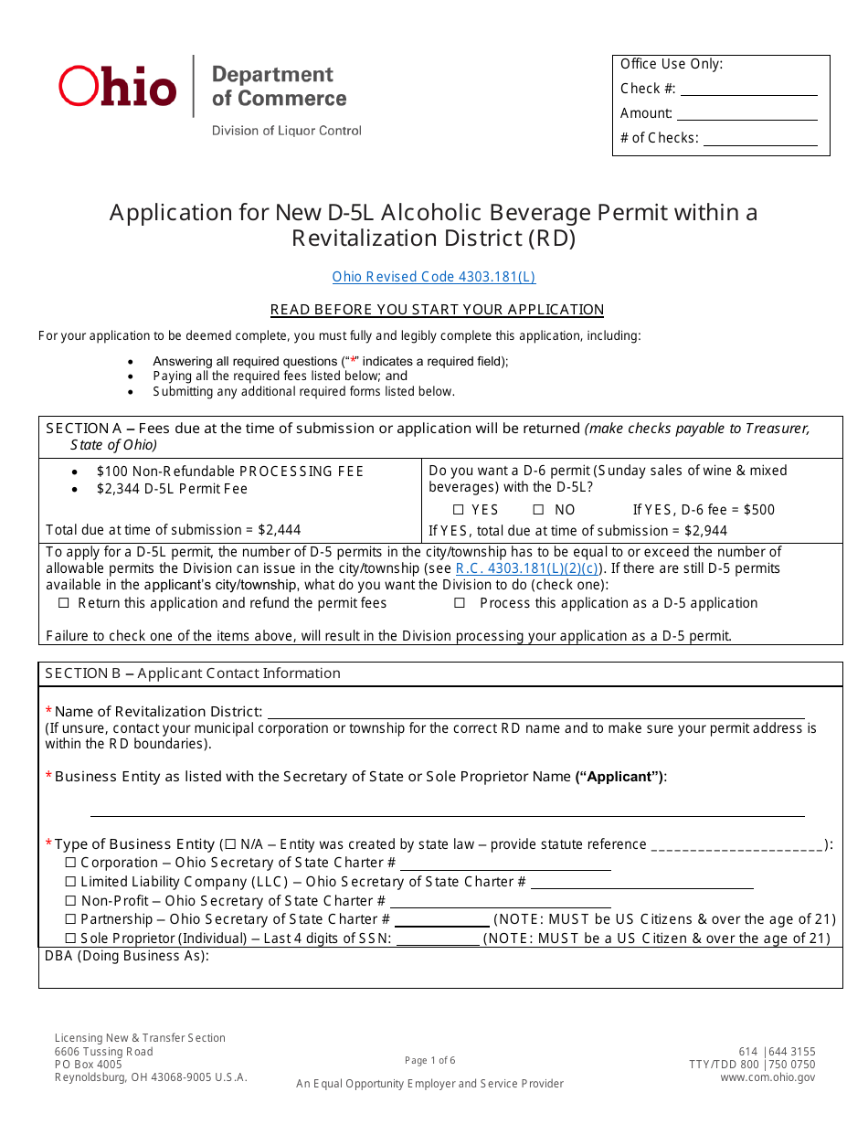 Form DLC4113_D-5L (LIQ-18-0020) Application for New D-5l Alcoholic Beverage Permit Within a Revitalization District (Rd) - Ohio, Page 1