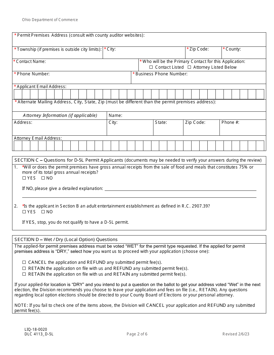 Form DLC4113_D-5L (LIQ-18-0020) Application for New D-5l Alcoholic Beverage Permit Within a Revitalization District (Rd) - Ohio, Page 2