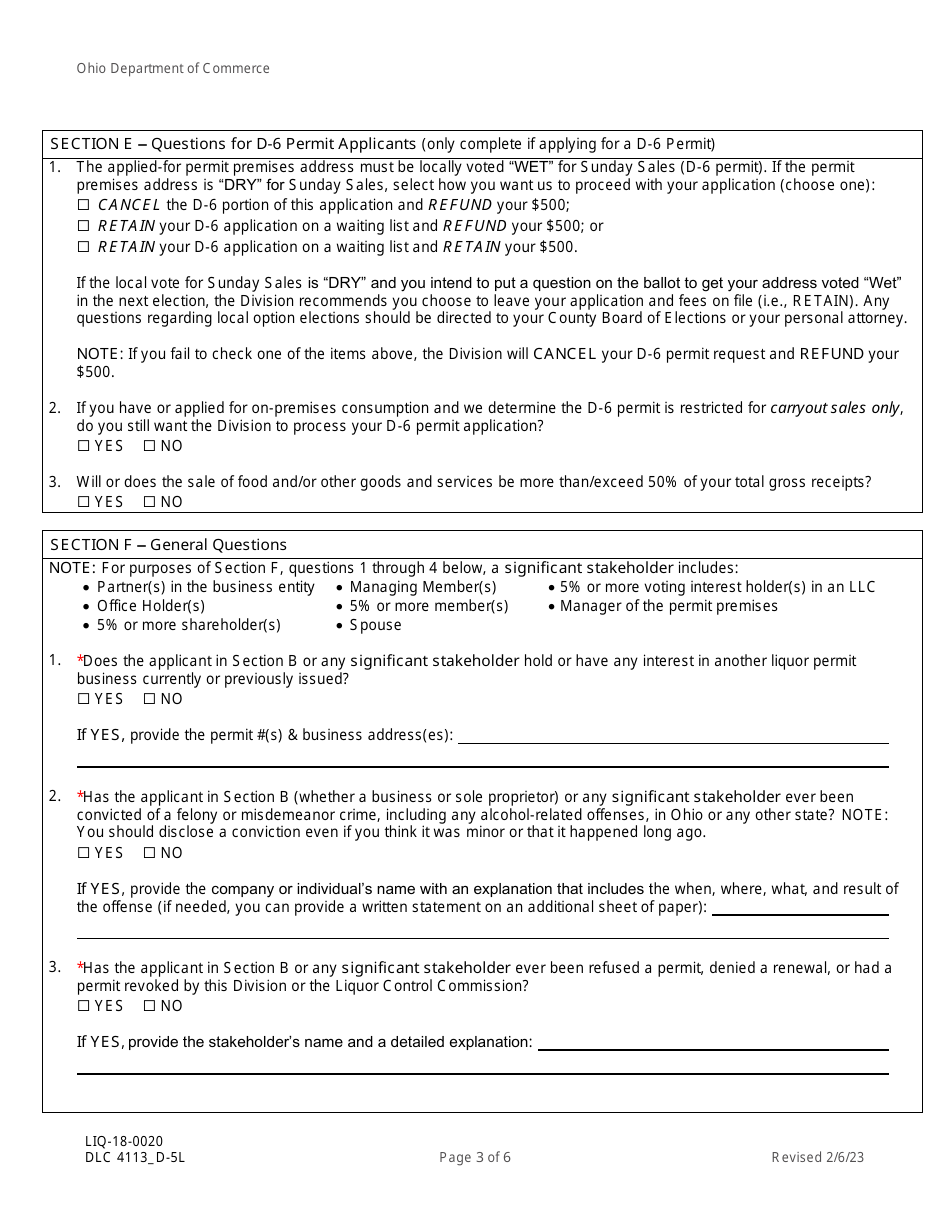 Form DLC4113_D-5L (LIQ-18-0020) Application for New D-5l Alcoholic Beverage Permit Within a Revitalization District (Rd) - Ohio, Page 3