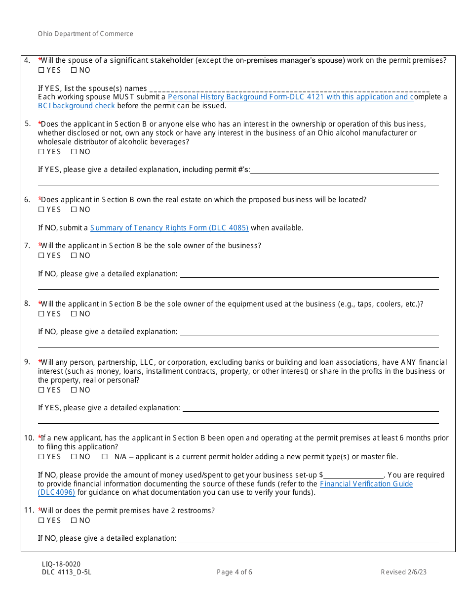 Form DLC4113_D-5L (LIQ-18-0020) Application for New D-5l Alcoholic Beverage Permit Within a Revitalization District (Rd) - Ohio, Page 4