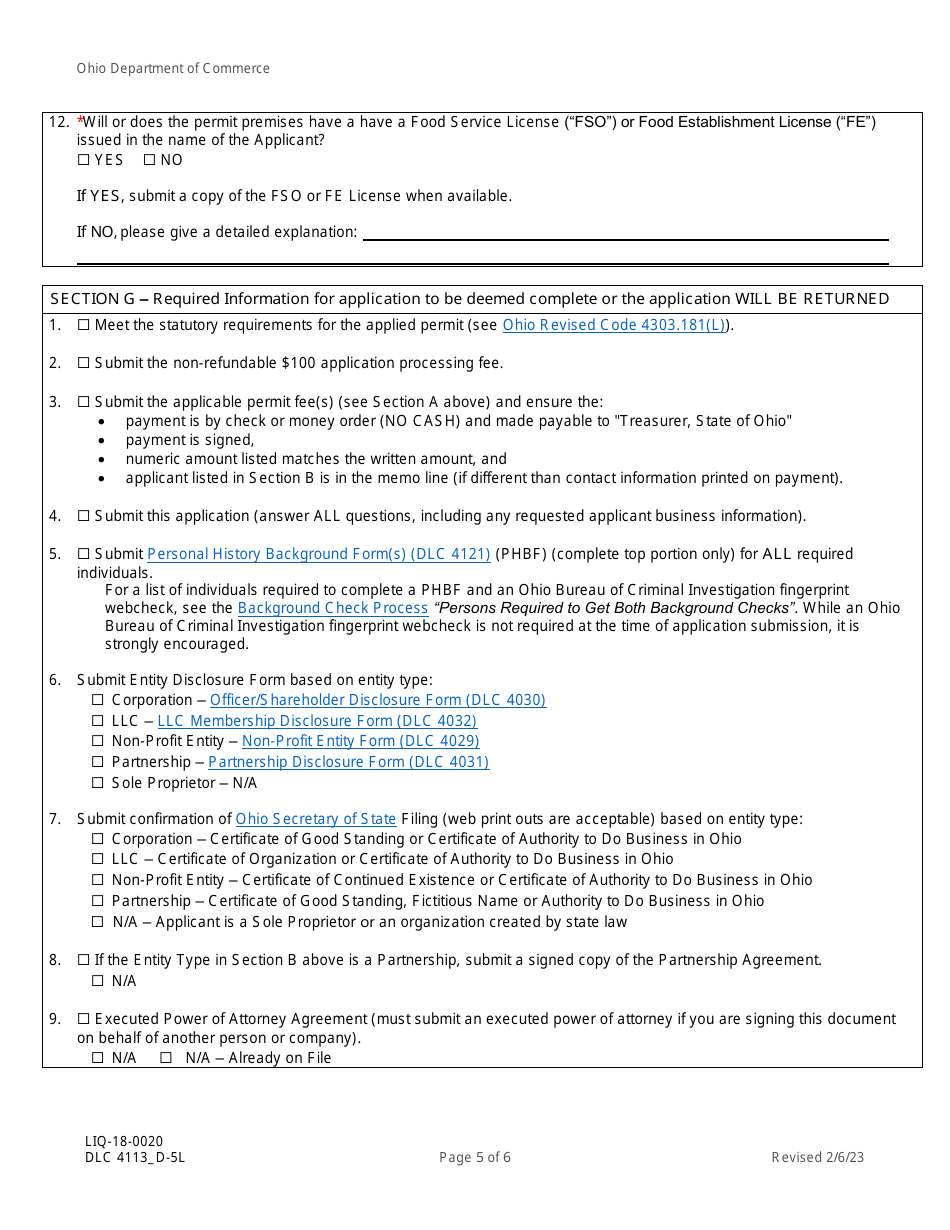 Form DLC4113_D-5L (LIQ-18-0020) Application for New D-5l Alcoholic Beverage Permit Within a Revitalization District (Rd) - Ohio, Page 5