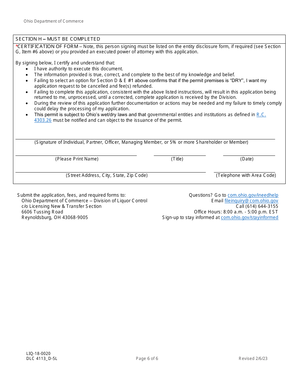 Form DLC4113_D-5L (LIQ-18-0020) Application for New D-5l Alcoholic Beverage Permit Within a Revitalization District (Rd) - Ohio, Page 6