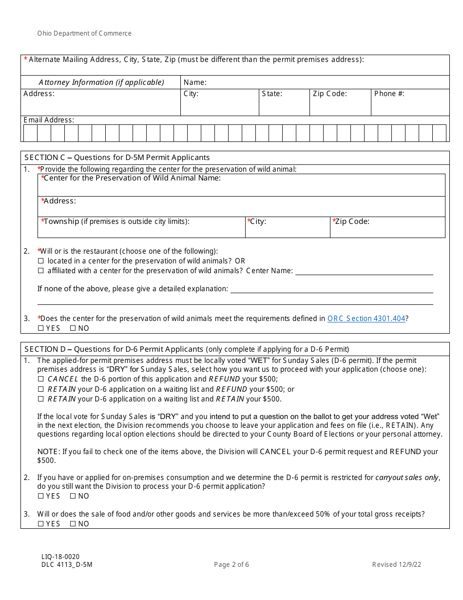 Form DLC4113_D-5M (LIQ-18-0020) Application for New D-5m Alcoholic Beverage Permit for a Restaurant at a Center for the Preservation of Wild Animals - Ohio, Page 2