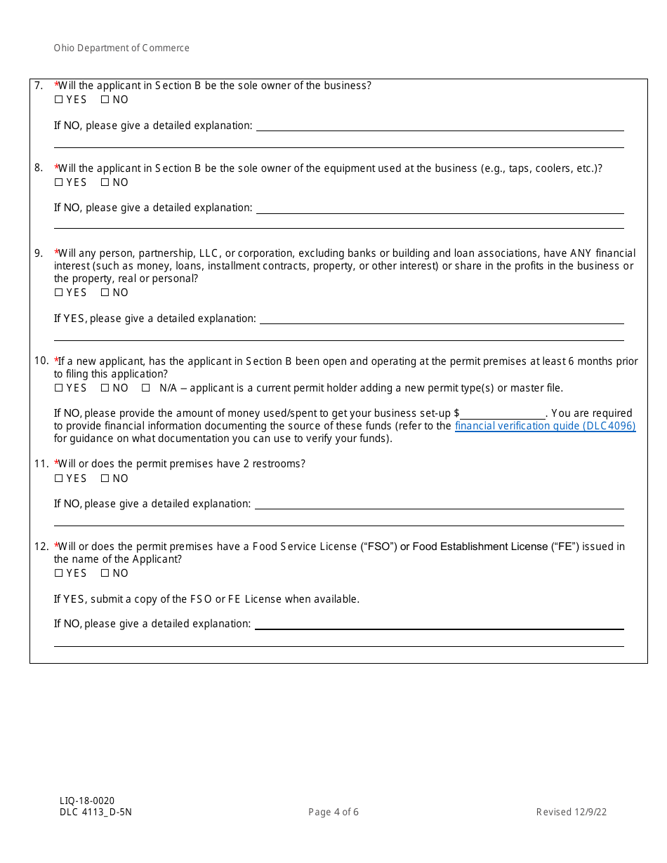 Form DLC4113_D-5N (LIQ-18-0020) Application for New D-5n Alcoholic Beverage Permit for a Casino - Ohio, Page 4