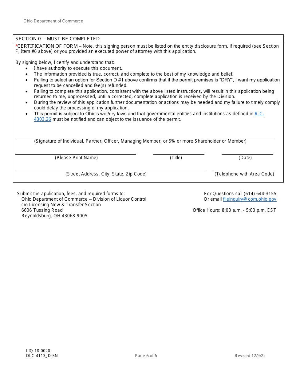 Form DLC4113_D-5N (LIQ-18-0020) Application for New D-5n Alcoholic Beverage Permit for a Casino - Ohio, Page 6