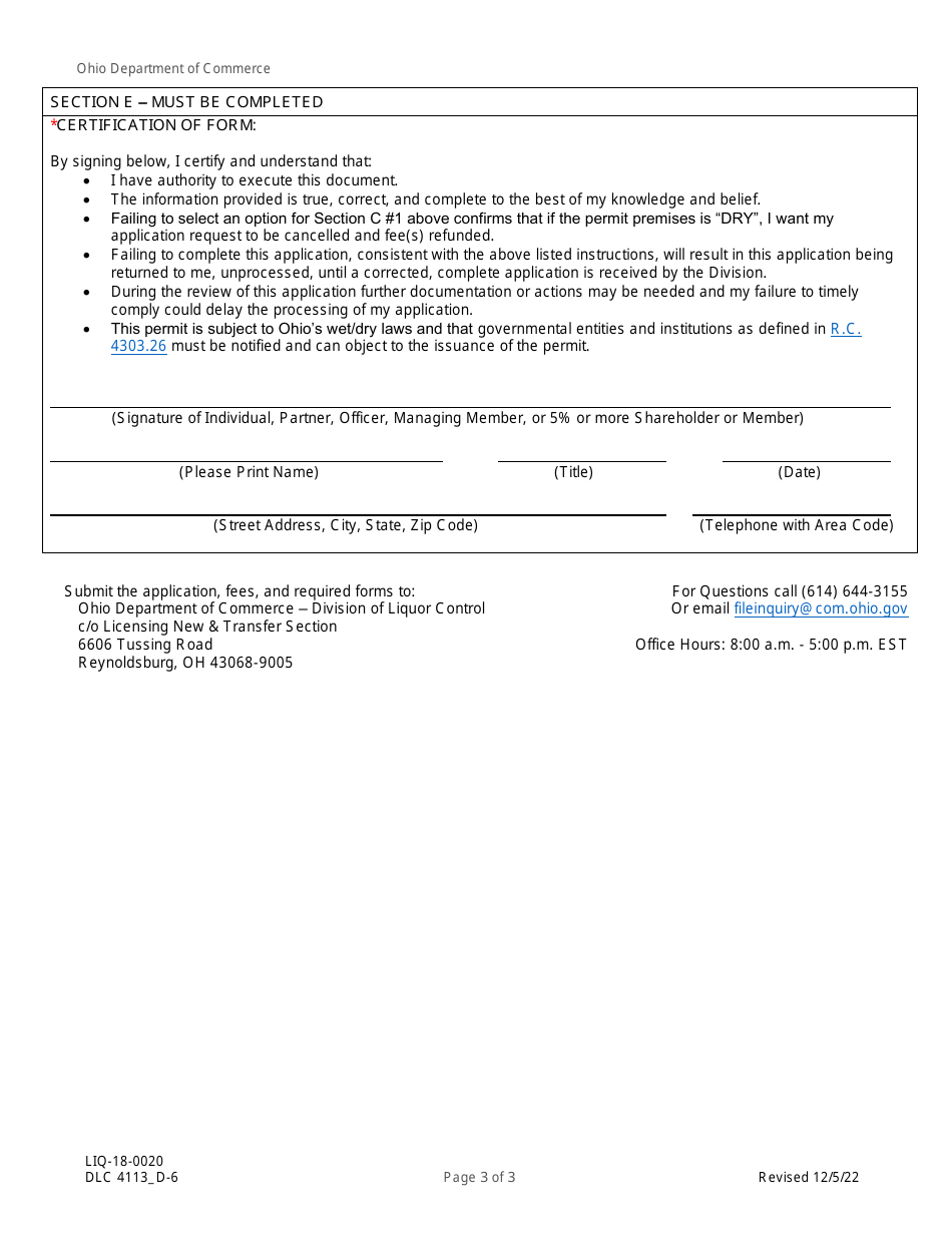 Form DLC4113_D-6 (LIQ-18-0020) Application for New D-6 Alcoholic Beverage Permit for Sunday Sales - Ohio, Page 3