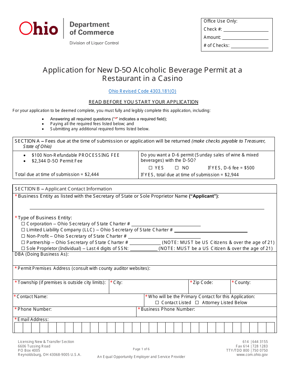 Form DLC4113_D-5O (LIQ-18-0020) Application for New D-5o Alcoholic Beverage Permit at a Restaurant in a Casino - Ohio, Page 1