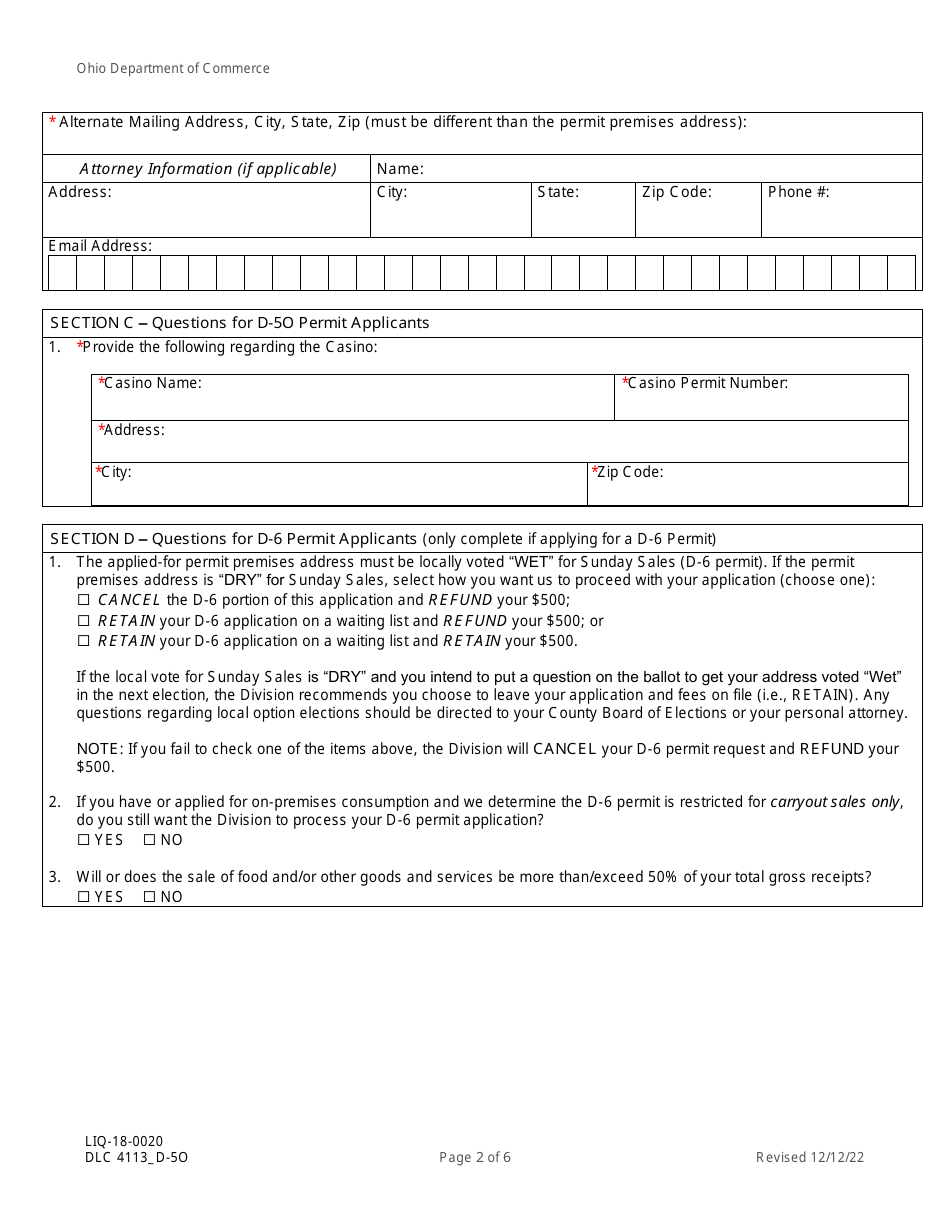 Form DLC4113_D-5O (LIQ-18-0020) Application for New D-5o Alcoholic Beverage Permit at a Restaurant in a Casino - Ohio, Page 2