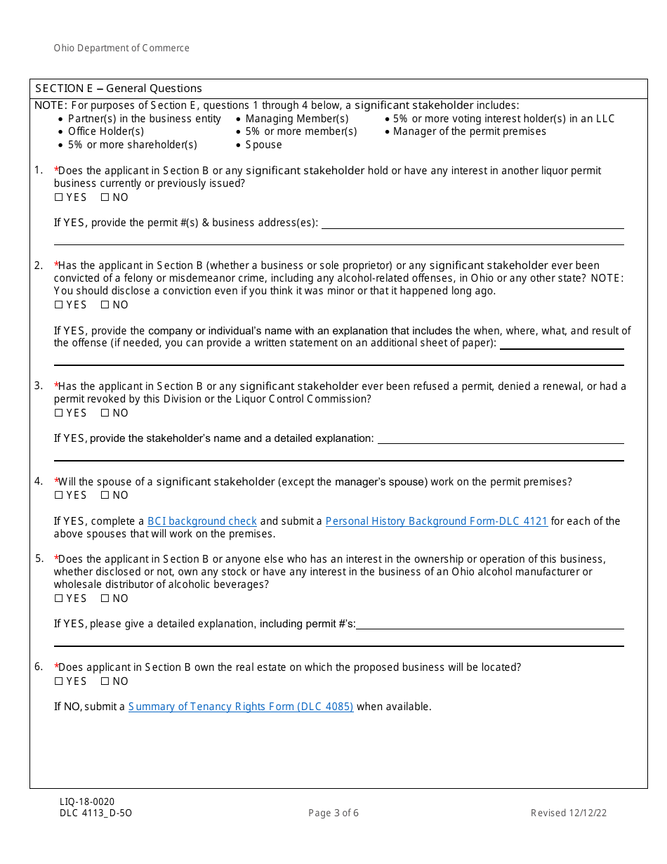 Form DLC4113_D-5O (LIQ-18-0020) Application for New D-5o Alcoholic Beverage Permit at a Restaurant in a Casino - Ohio, Page 3