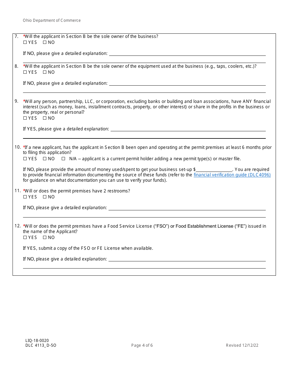Form DLC4113_D-5O (LIQ-18-0020) Application for New D-5o Alcoholic Beverage Permit at a Restaurant in a Casino - Ohio, Page 4