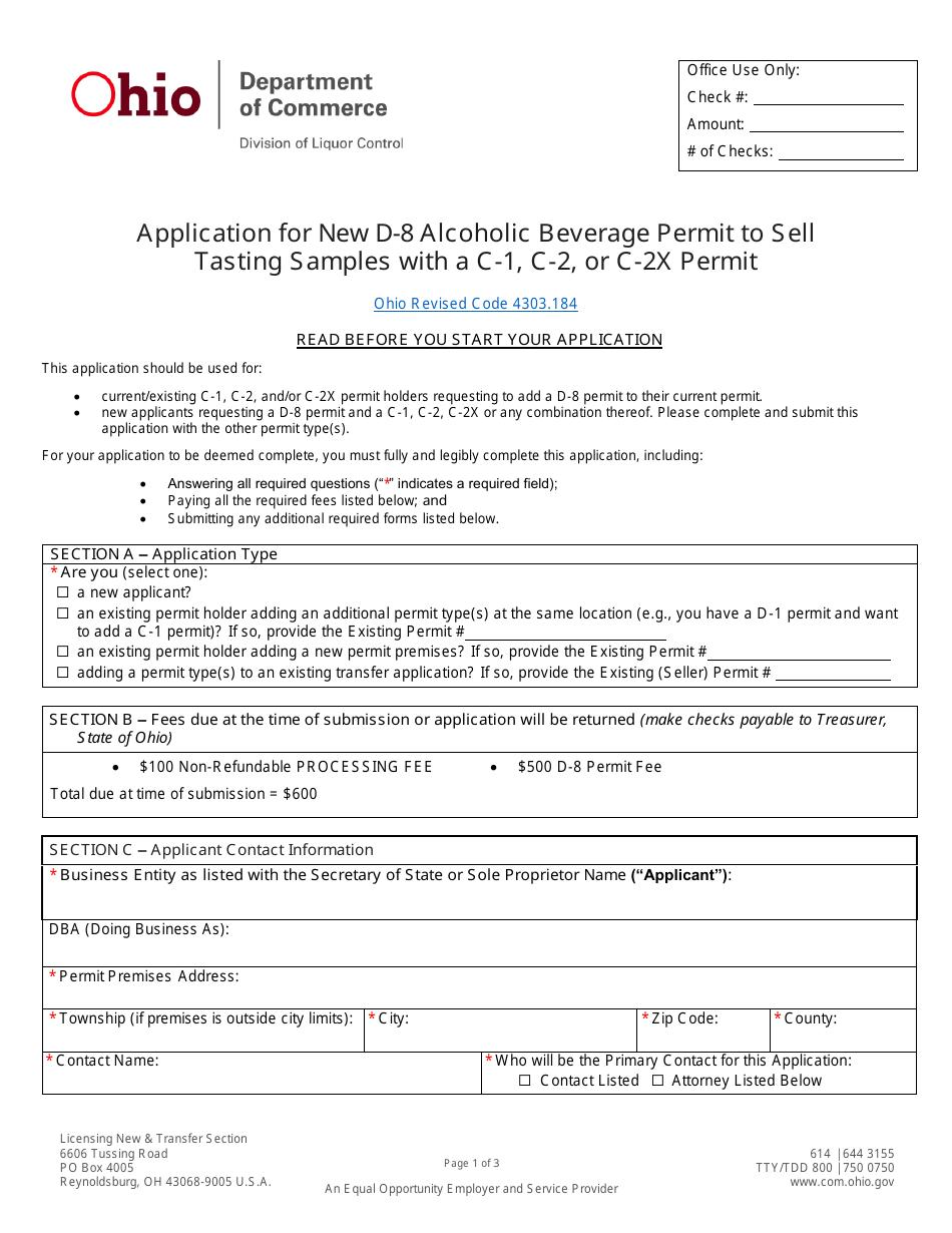 Form DLC4113_D-8 (LIQ-18-0020) Application for New D-8 Alcoholic Beverage Permit to Sell Tasting Samples With a C-1, C-2, or C-2x Permit - Ohio, Page 1