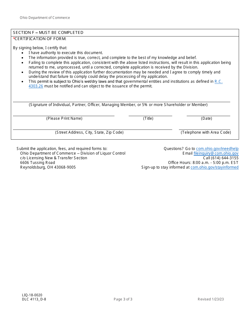 Form DLC4113_D-8 (LIQ-18-0020) Application for New D-8 Alcoholic Beverage Permit to Sell Tasting Samples With a C-1, C-2, or C-2x Permit - Ohio, Page 3