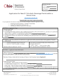 Document preview: Form DLC4171_D-7 (LIQ-18-0020) Application for New D-7 Alcoholic Beverage Permit Within a Resort Area - Ohio