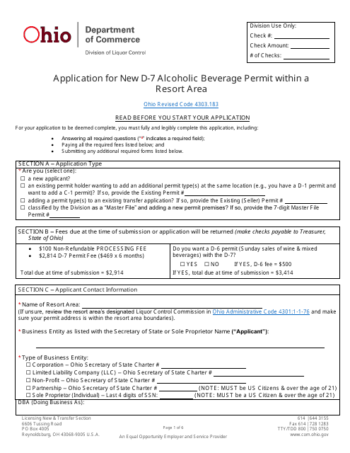 Form DLC4171_D-7 (LIQ-18-0020) Application for New D-7 Alcoholic Beverage Permit Within a Resort Area - Ohio