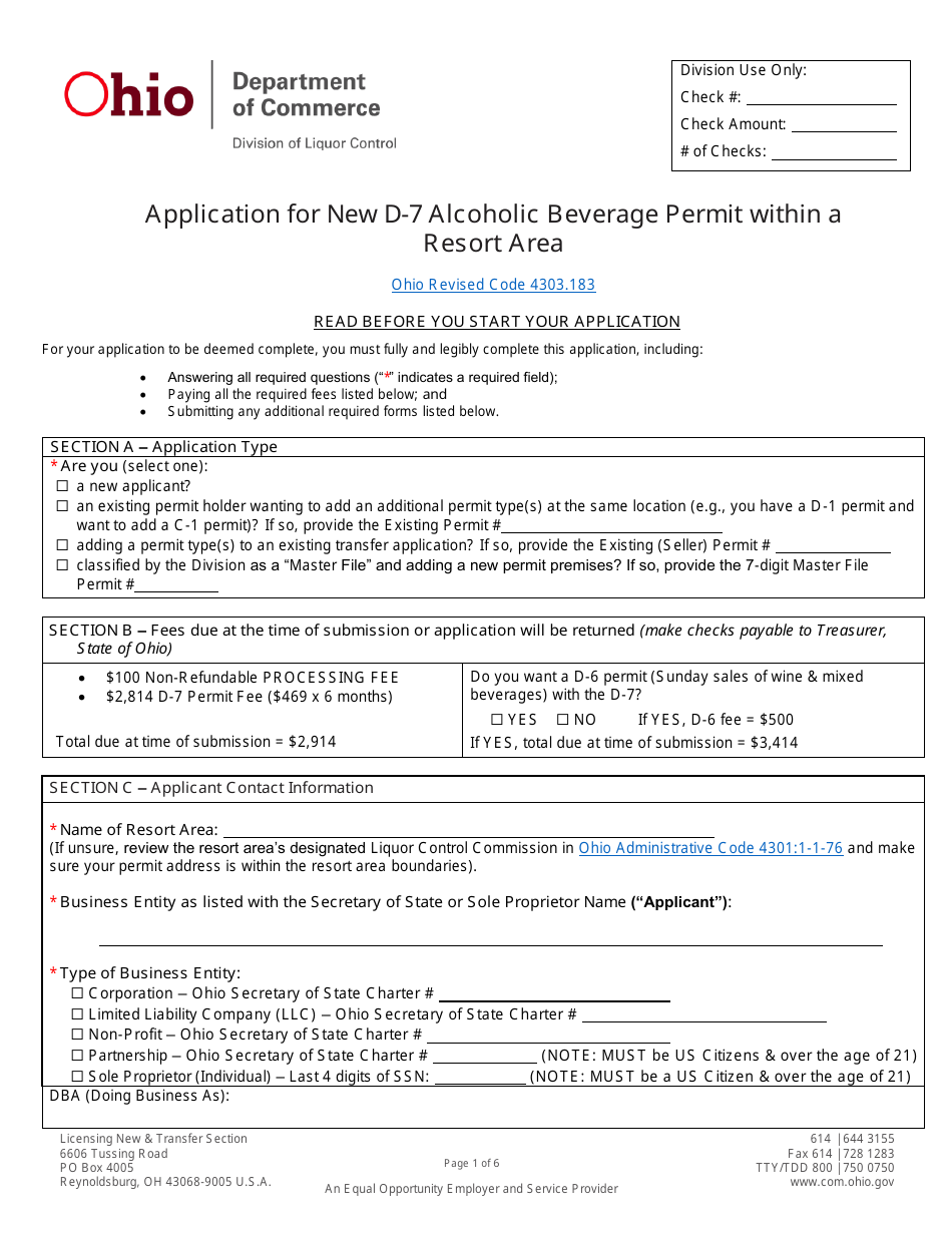 Form DLC4171_D-7 (LIQ-18-0020) Application for New D-7 Alcoholic Beverage Permit Within a Resort Area - Ohio, Page 1