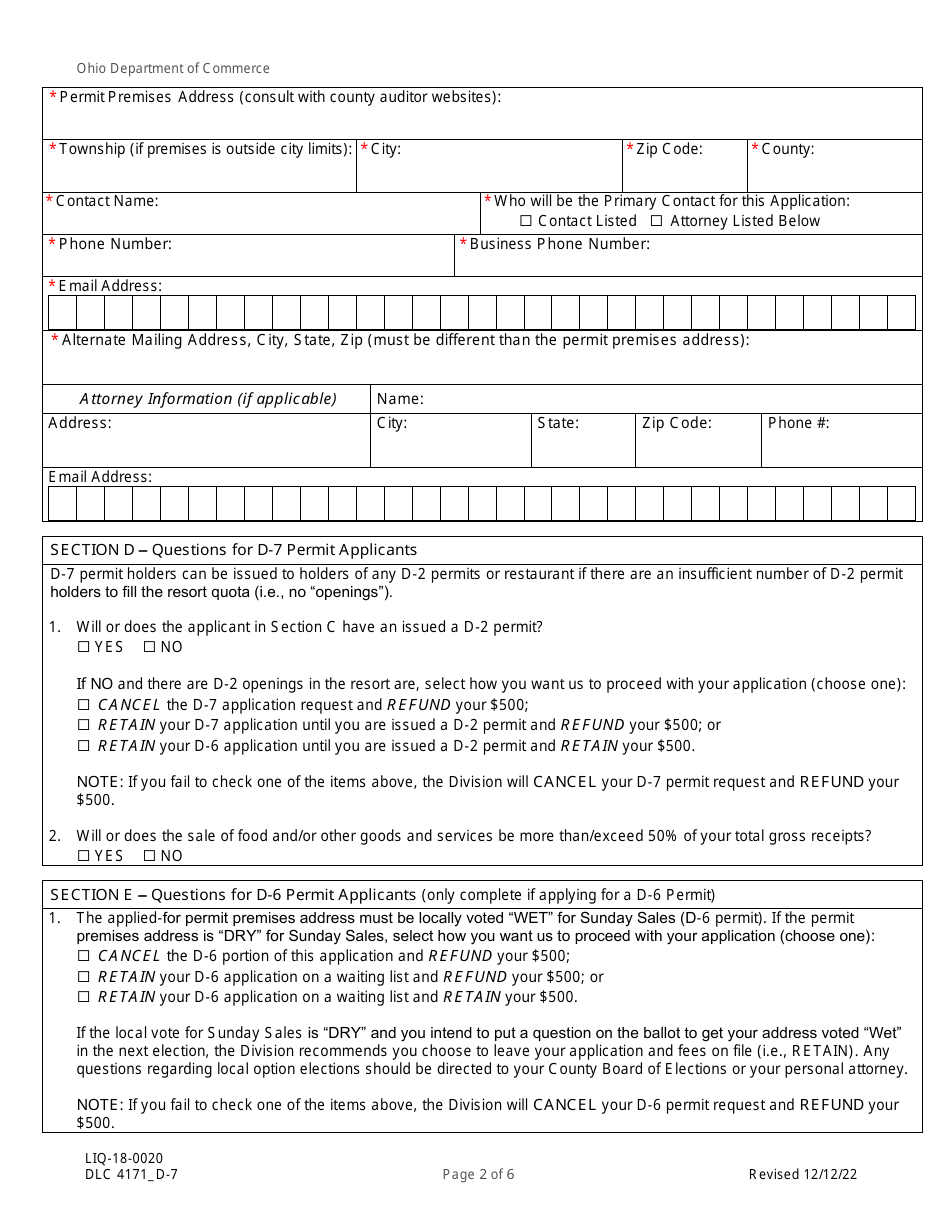 Form DLC4171_D-7 (LIQ-18-0020) Application for New D-7 Alcoholic Beverage Permit Within a Resort Area - Ohio, Page 2