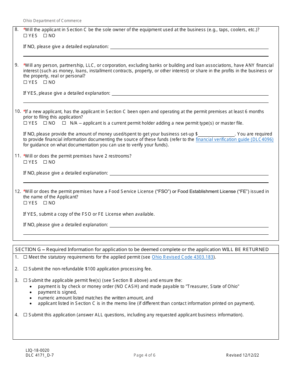Form DLC4171_D-7 (LIQ-18-0020) Application for New D-7 Alcoholic Beverage Permit Within a Resort Area - Ohio, Page 4