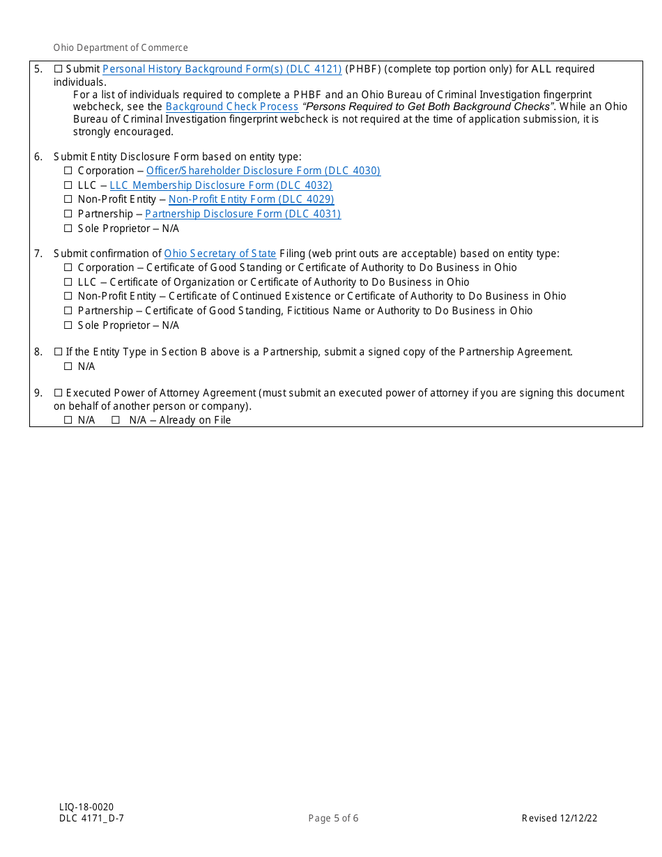 Form DLC4171_D-7 (LIQ-18-0020) Application for New D-7 Alcoholic Beverage Permit Within a Resort Area - Ohio, Page 5