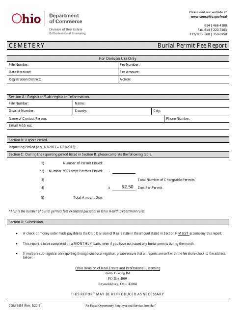 Form COM2659 Burial Permit Fee Report - Ohio