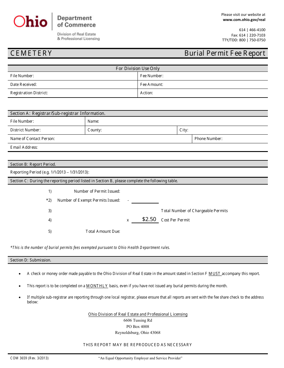 Form COM2659 Burial Permit Fee Report - Ohio, Page 1