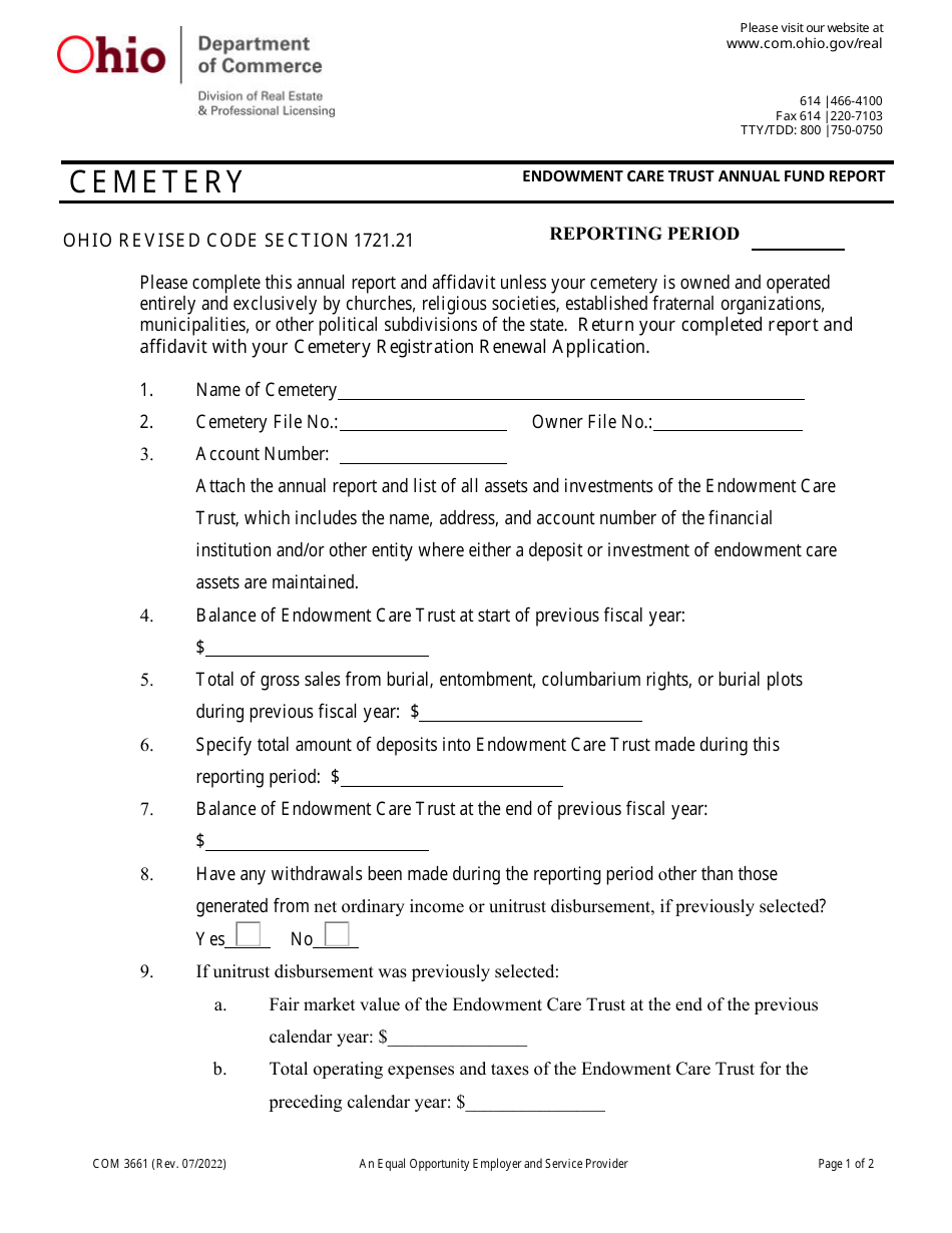 Form COM3661 Cemetery Endowment Care Trust Annual Report - Ohio, Page 1