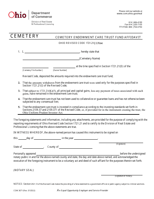 Form COM3671 Cemetery Endowment Care Trust Fund Affidavit - Ohio