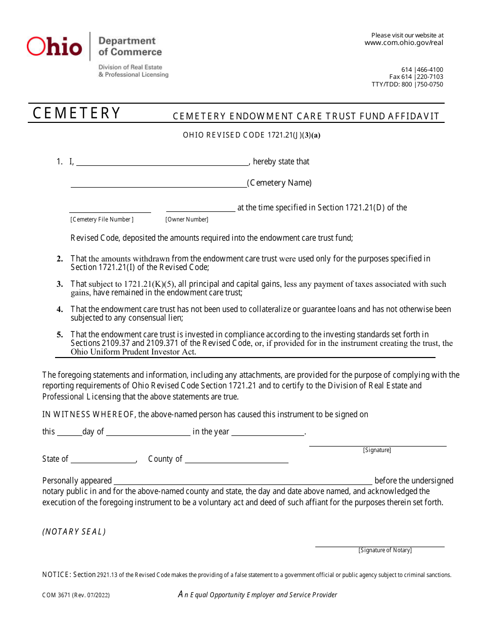 Form COM3671 Cemetery Endowment Care Trust Fund Affidavit - Ohio, Page 1