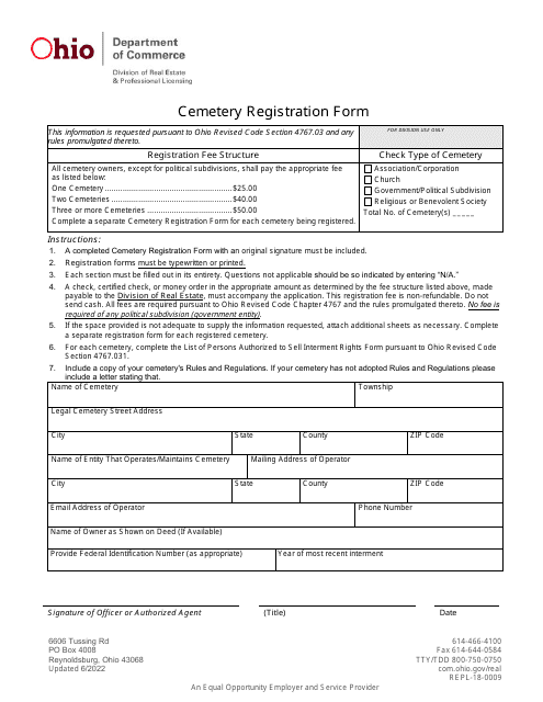 Cemetery Registration Form - Ohio Download Pdf