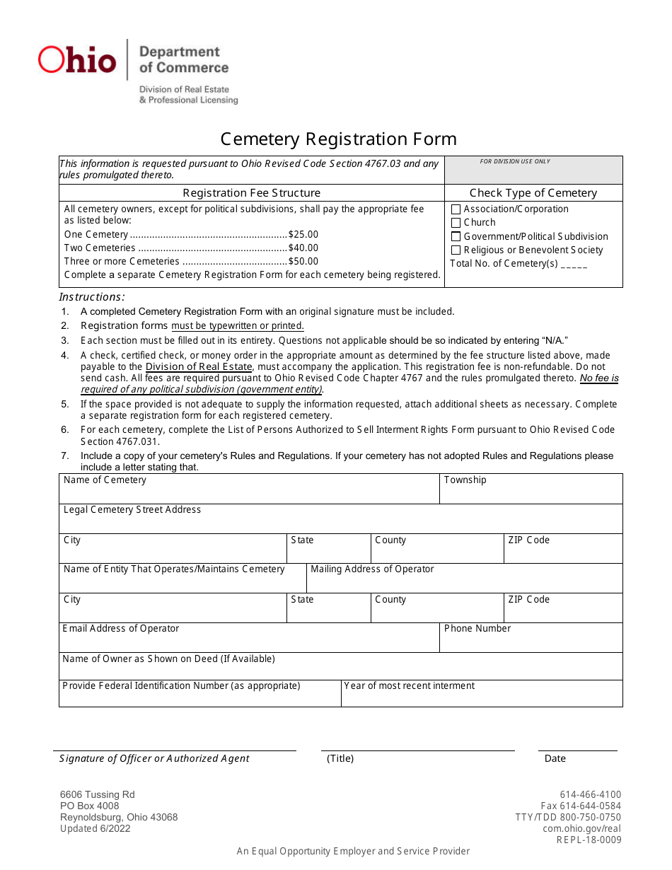Cemetery Registration Form - Ohio, Page 1