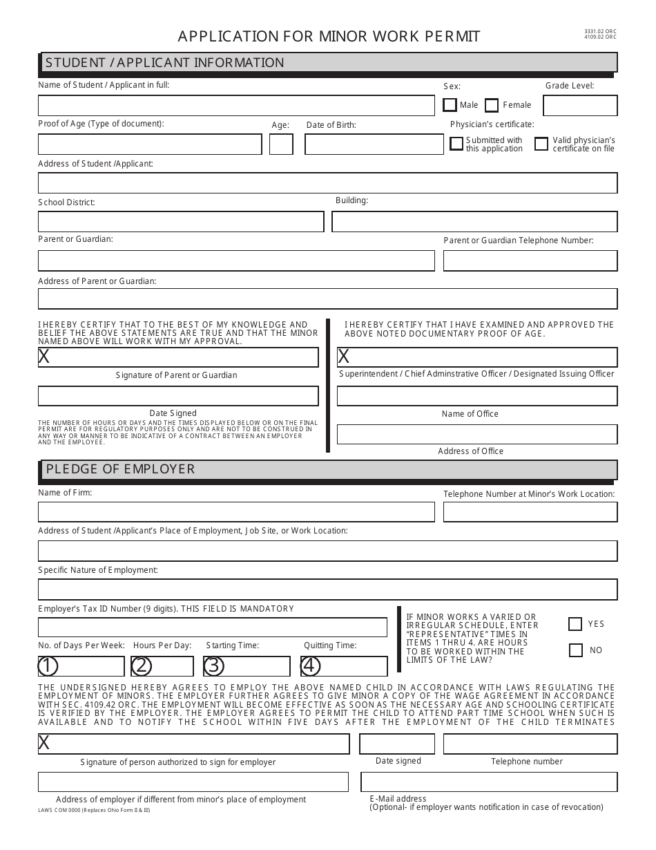 Form LAWS COM0000 Application for Minor Work Permit - Ohio, Page 1