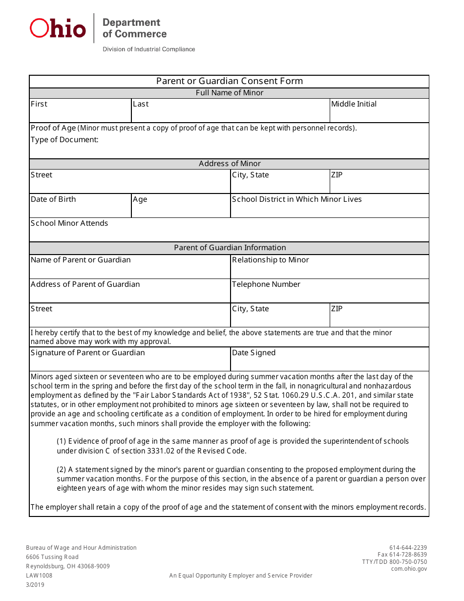 Form LAW1008 Parent or Guardian Consent Form - Ohio, Page 1
