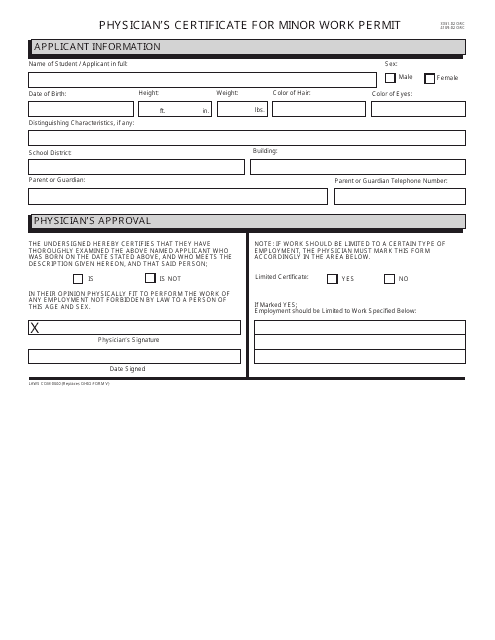 Form LAWS COM0000 Physician's Certificate for Minor Work Permit - Ohio