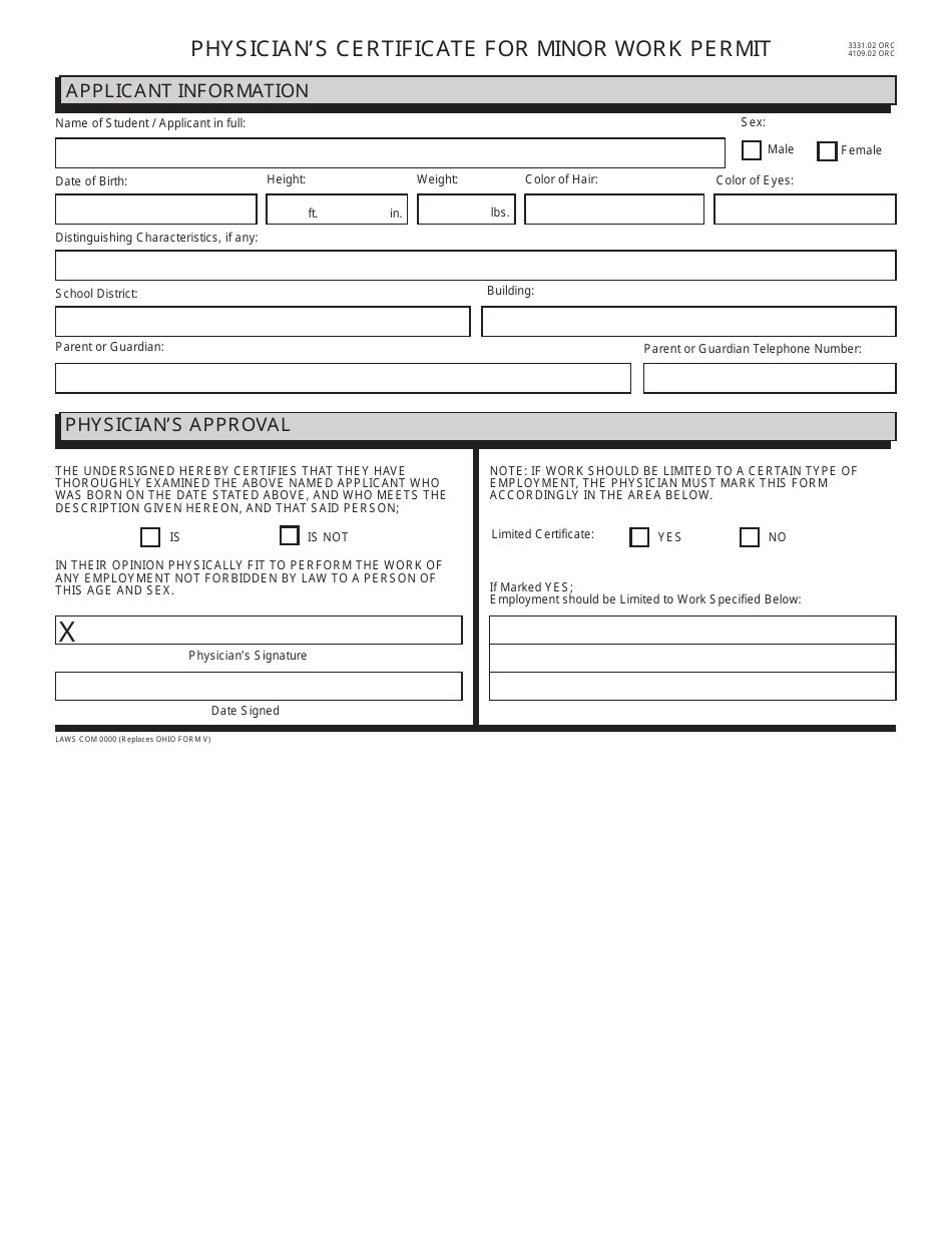 Form LAWS COM0000 Physicians Certificate for Minor Work Permit - Ohio, Page 1