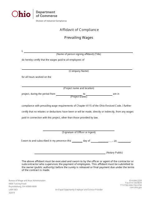 Form LAW1003 Affidavit of Compliance Prevailing Wages - Ohio