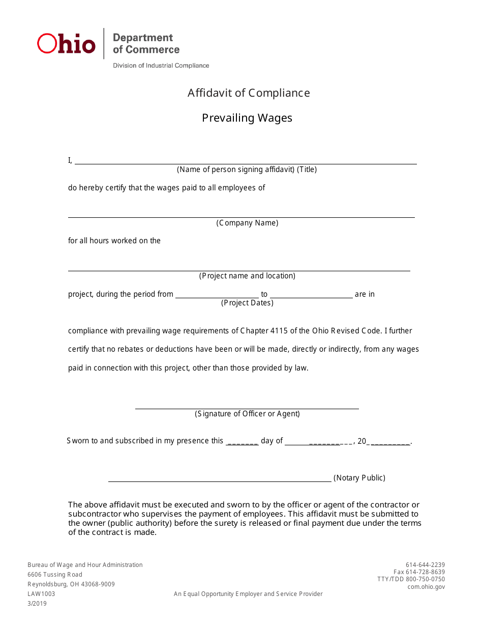 Form LAW1003 Affidavit of Compliance Prevailing Wages - Ohio, Page 1