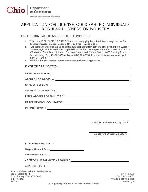 Form DIC-19-0012 Application for License for Disabled Individuals Regular Business or Industry - Ohio