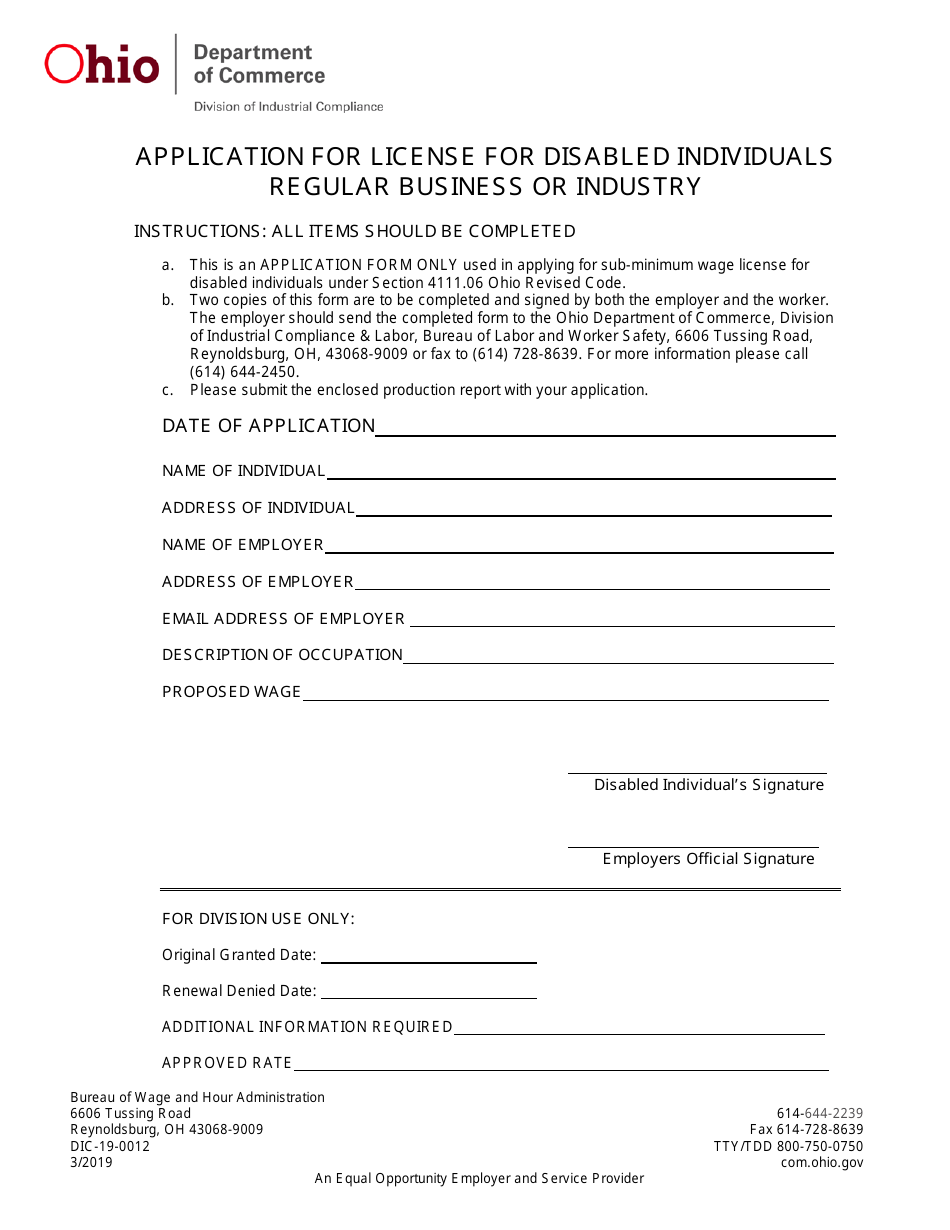 Form DIC-19-0012 Application for License for Disabled Individuals Regular Business or Industry - Ohio, Page 1