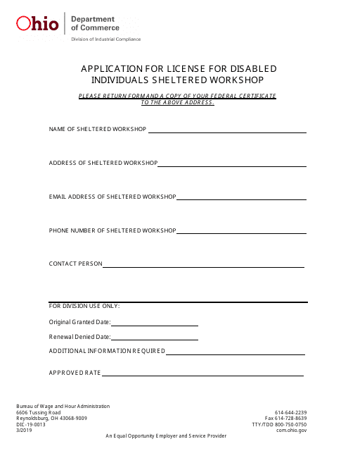Form DIC-19-0013 Application for License for Disabled Individuals Sheltered Workshop - Ohio