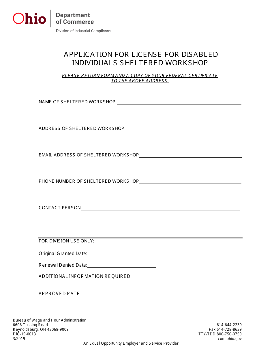 Form DIC-19-0013 Application for License for Disabled Individuals Sheltered Workshop - Ohio, Page 1