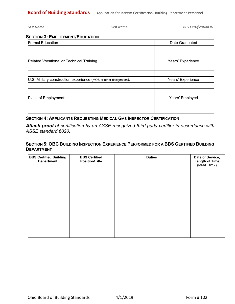 Form 102 Application for Interim Certification Non-residential Building Department Personnel - Ohio, Page 3