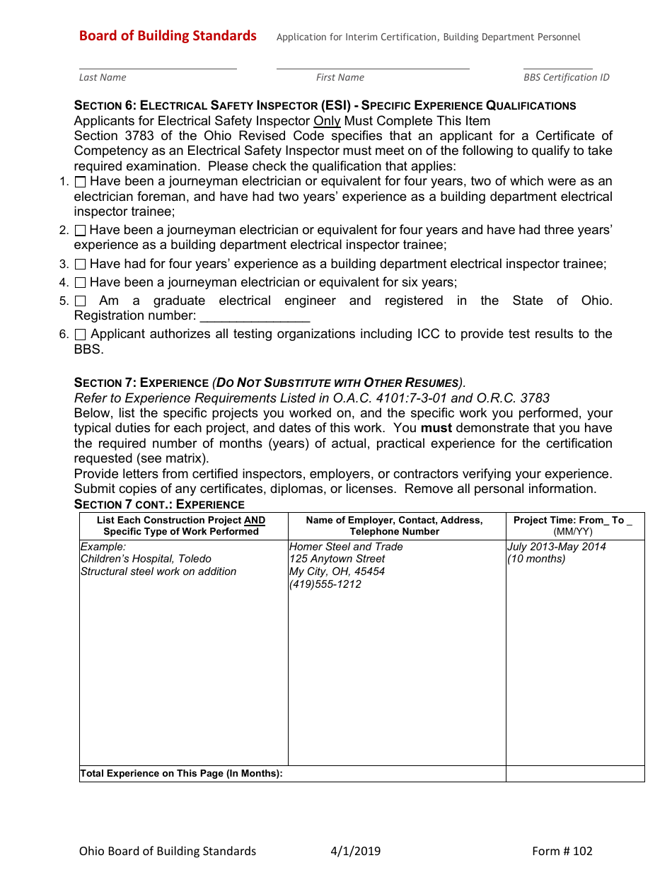 Form 102 Application for Interim Certification Non-residential Building Department Personnel - Ohio, Page 4