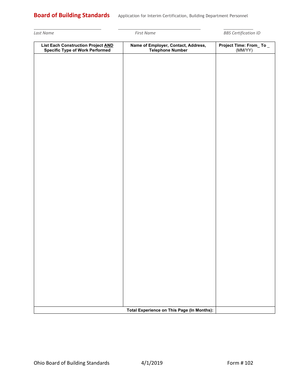 Form 102 Application for Interim Certification Non-residential Building Department Personnel - Ohio, Page 5