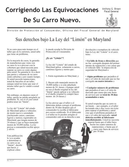 Forma De Reclamo De Garantia De Vehiculo Nuevos - Maryland (Spanish)