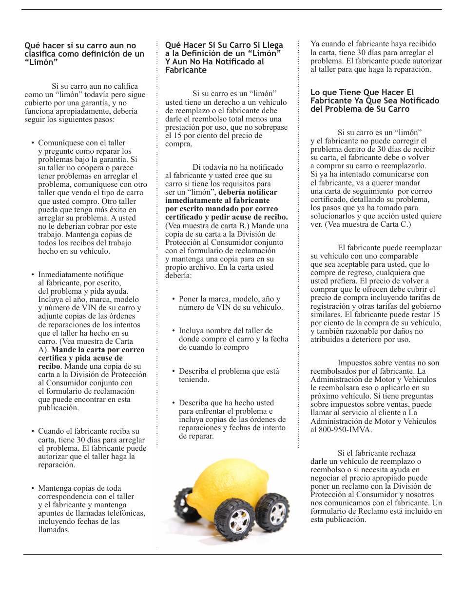 Forma De Reclamo De Garantia De Vehiculo Nuevos - Maryland (Spanish), Page 2