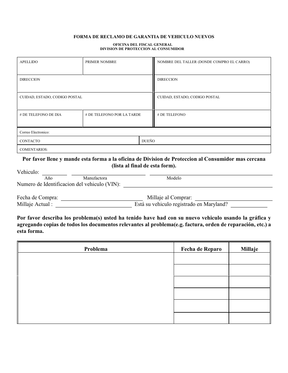 Forma De Reclamo De Garantia De Vehiculo Nuevos - Maryland (Spanish), Page 3