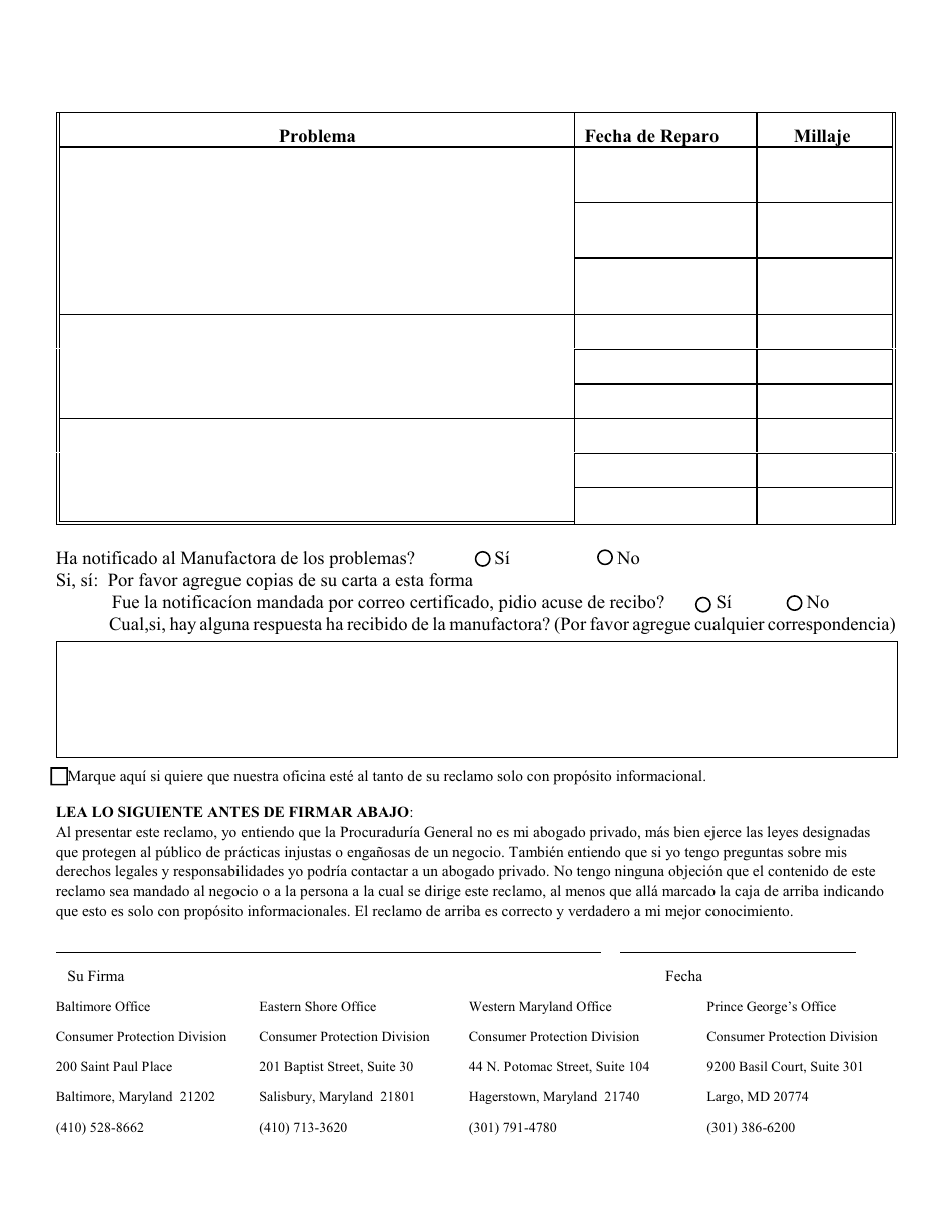 Forma De Reclamo De Garantia De Vehiculo Nuevos - Maryland (Spanish), Page 4