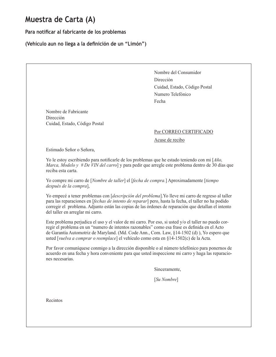 Forma De Reclamo De Garantia De Vehiculo Nuevos - Maryland (Spanish), Page 5
