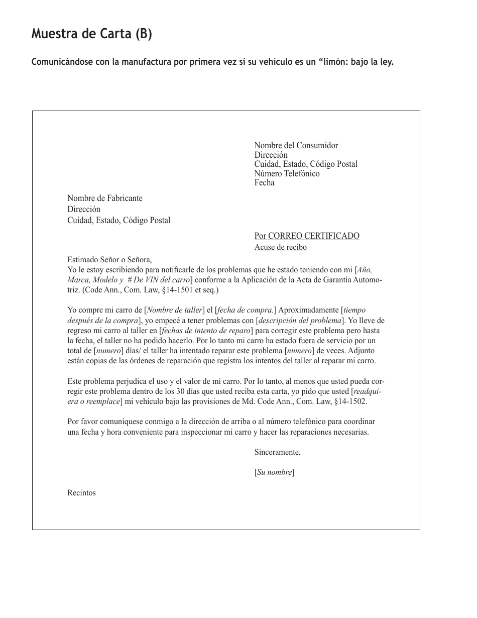 Forma De Reclamo De Garantia De Vehiculo Nuevos - Maryland (Spanish), Page 6