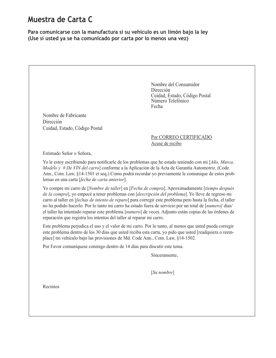 Forma De Reclamo De Garantia De Vehiculo Nuevos - Maryland (Spanish), Page 7